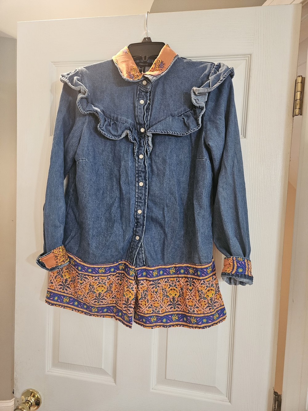 Upcycled Forever 21 Denim Ruffle Shirt Jacket with Orange & Blue Embroidered Hem
